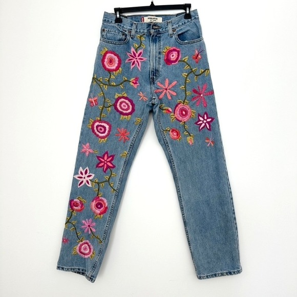 Vtg Levis 505 Jeans Floral Embroidered Reworked Cottage Boho Y2K Upcycled OOAK - Picture 1 of 16